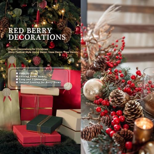 COSOKUU Red Berry Stems 30 Pcs - 8in Artificial Holly Picks for Christmas Decor (Red)