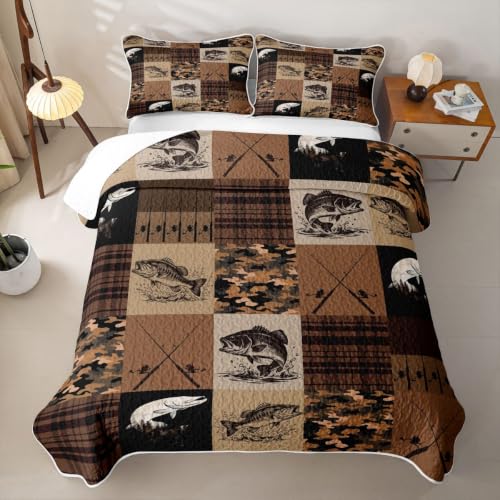 Bass Fish Quilt Bedding Set, Soft Lightweight Lake Fishing Bedspread