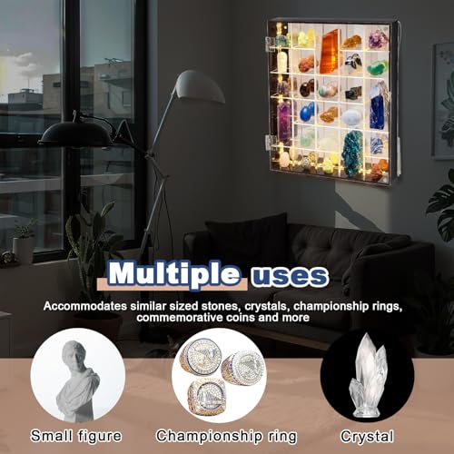 30-Grid Acrylic Display Case with LED Light and Magnetic Door for Rocks