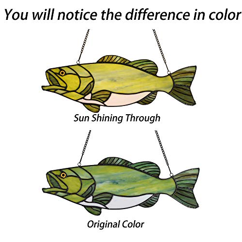 16-Inch Handmade Stained Glass Fish Suncatcher Window Panel with Chain - Bass Design