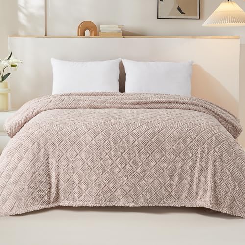 Queen Size Fleece Blanket, Lightweight Jacquard Waffle Design, 90x90 Inch
