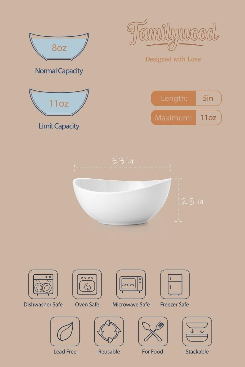 Familywood Small Porcelain Bowls, 11 OZ Ceramic Serving Bowls for Dessert, Set of 6 Plates for Condiment Ice Cream, Soup Sauce, Rice, Fruits, Portions Dish, Pure White (5 Inch(11 Ounce))