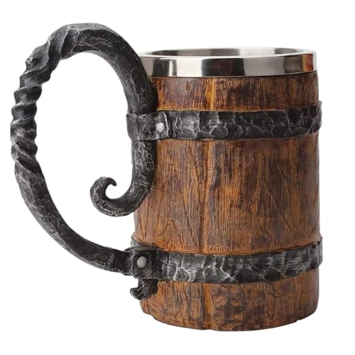 Vintage Wooden Barrel Beer Mug with Stainless Steel Liner - 18 oz Tankard