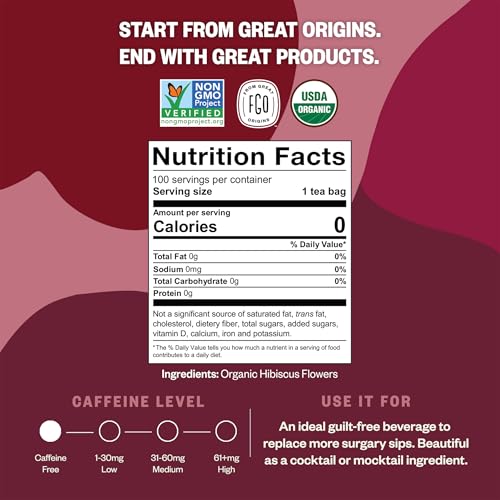 FGO Organic Hibiscus Tea Bags 100 Count Caffeine Free Herbal Tea