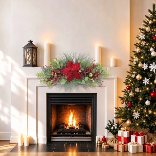 26 Inch Christmas Swag for Front Door with Poinsettias Flower - Red Berry Poinsettia