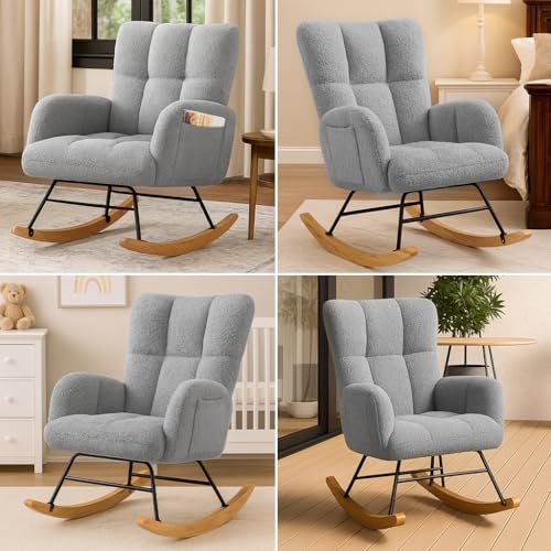 Teddy Fabric Nursery Rocking Chair with Side Pockets and High Backrest