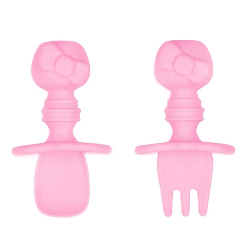 Bumkins Baby Utensils Set - Chewtensils Silicone Spoons for Self-Feeding | Hello Kitty Pink, 6 Months