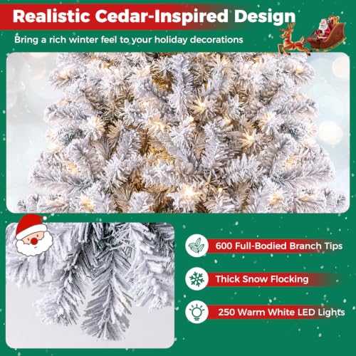 HAPPYGRILL 6ft Pre-Lit White & Green Christmas Tree with Snow Flocked Needles, 600 Tips, LED Lights & Metal Stand