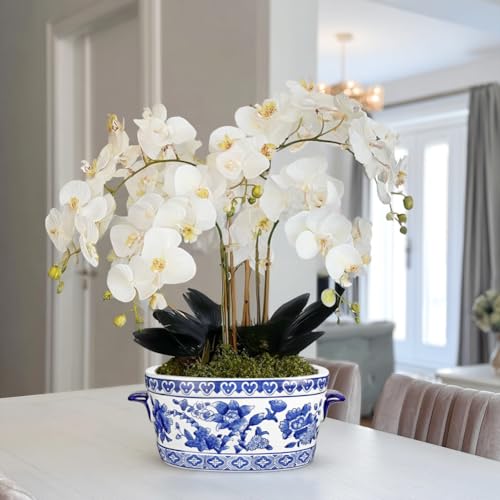 Blue and White Ceramic Planter Pot - Vintage Floral Oval Cachepot