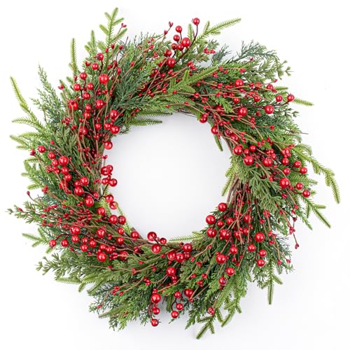 20-Inch Classic Christmas Wreath with Red Berries & Norfolk Pine - Rustic Front Door Decor