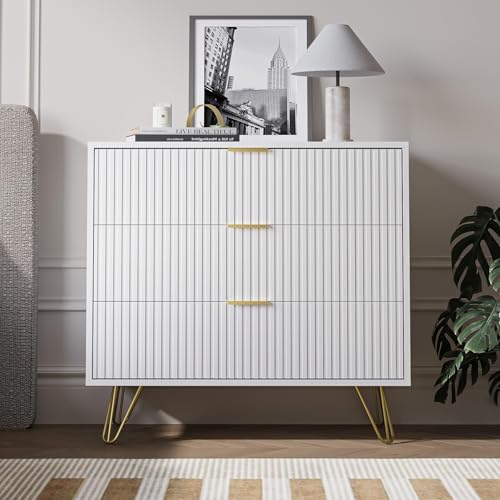 Modern 3-Drawer Fluted Dresser with Gold Handles, White Bedroom Storage Chest
