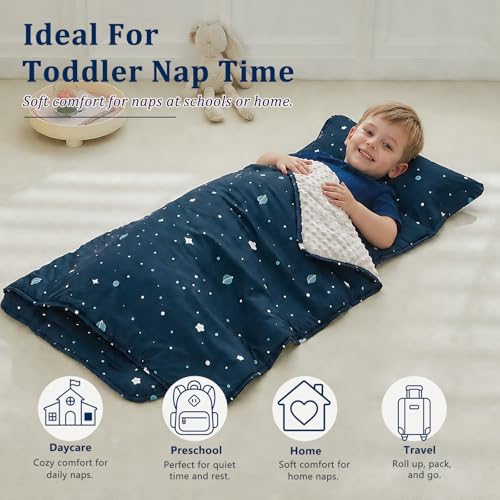 Toddler Nap Mat with Pillow and Fleece Blanket - Portable Slumber Bag