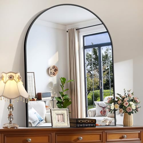 36x48 Inch Arched Wall Mirror - Large Black Metal Frame Bathroom Mirror