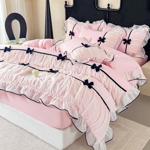 Ruffled Lace Duvet Cover Set with Bow - Queen Size Pink Princess Bedding