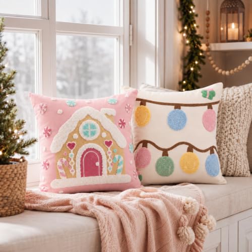 Breling 2 Pack Pastel Christmas Pillow Covers 18x18 inch with 3D Embroidered Designs - Gingerbread & Lights
