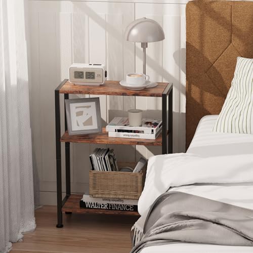 3-Tier Narrow Side Table, Slim End Table for Small Spaces, Rustic Brown