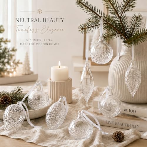 Seenelling 10 Pcs Clear Glass Finial Christmas Ornaments with White Velvet Ribbons - Classic & Vintage Style