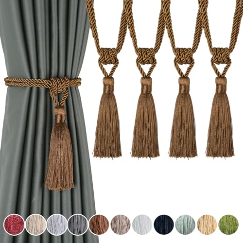 4-Pack Handmade Tassel Curtain Tiebacks - Elegant Rope Holdbacks (Coffee)