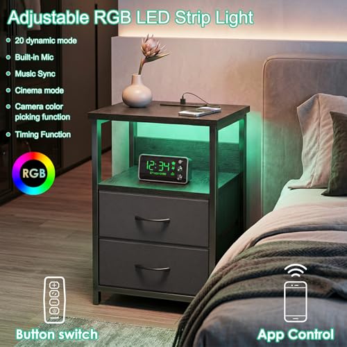 Black LED Nightstand with Charging Station, 2 Fabric Drawers & USB Ports