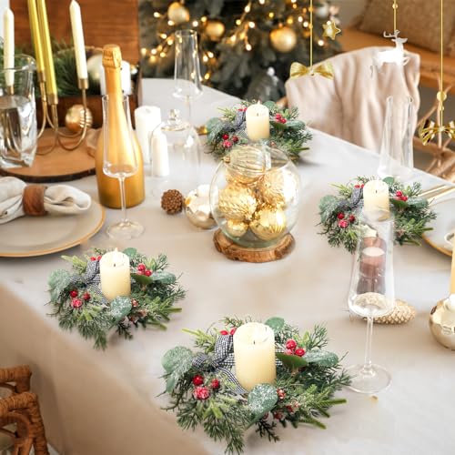Christmas Candle Ring Wreaths with Snow, Berries & Plaid Bow - 4 Pack