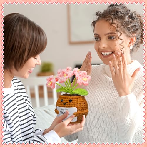 Handmade Crochet Pink Myosotis Flower Doll with Heartfelt Sister Gift Card