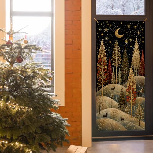 JINYO Whimsical Christmas Tree Reindeer Door Cover — 35x79 in, Festive Curtain