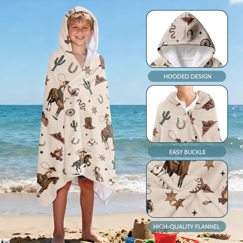 Western Cowboy Hooded Towel for Toddlers, 30"x50" Wearable Flannel Poncho