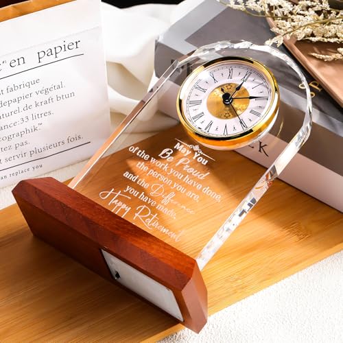 Engraved Crystal Retirement Clock with LED Wooden Light Base Gift