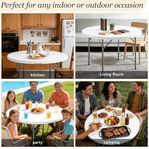 4ft Round Folding Table, Portable Heavy-Duty Plastic Picnic Table with Handle