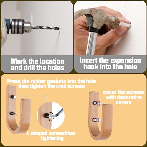 2-Pack U-Shaped Beech Wood Curtain Tiebacks, Wall-Mounted Drapery Hooks