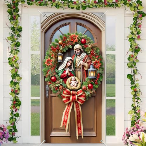Christmas Nativity Door Cover - Holy Family Scene 35x71 Inch Polyester