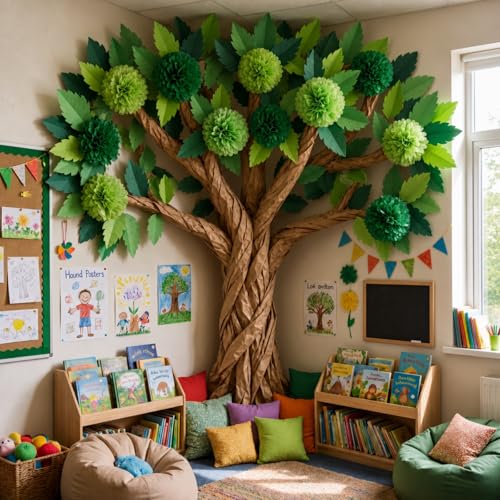 114-Piece 3D Classroom Tree Bulletin Board Set with Paper Leaves and Pom Poms