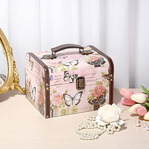 Large Vintage Wooden Treasure Chest Jewelry Box with Butterfly Pattern