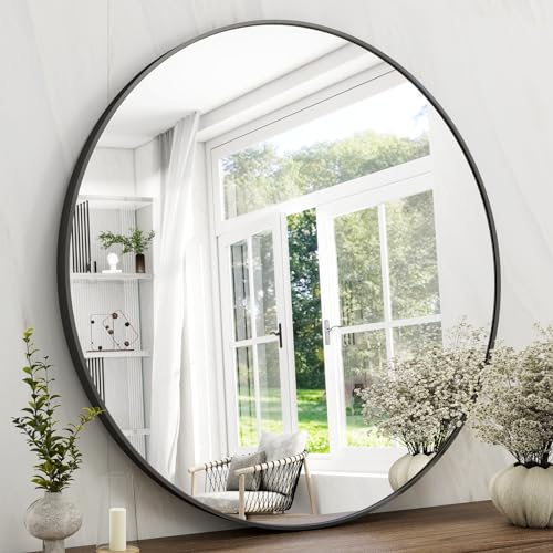 42-Inch Round Bathroom Mirror, Black Metal Wall-Mounted Circle Mirror