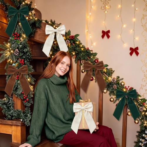 Riceshoot Earth Tone Velvet Christmas Bow Set - Large Holiday Tree Decor, 6 Pack