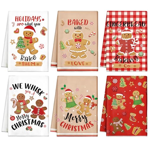 Patelai 6 Pcs Christmas Kitchen Towels Gingerbread Man Red Plaid