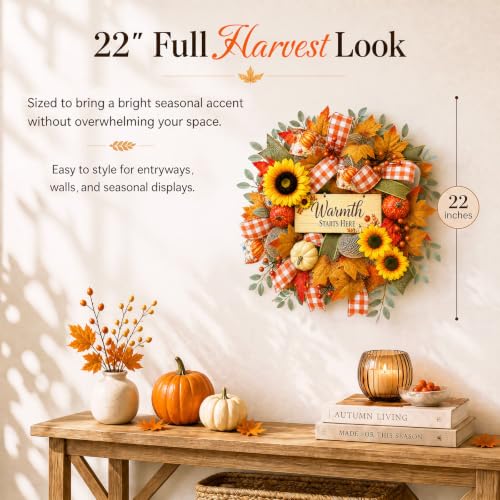 22-Inch Lighted Fall Wreath with Pumpkin, Sunflowers and Removable Sign