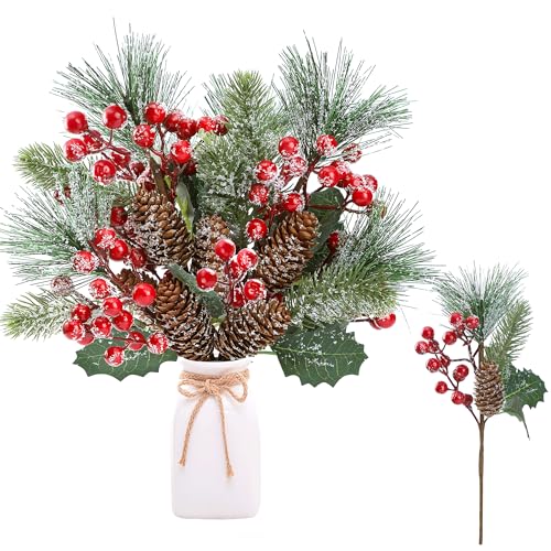 Sggvecsy 6 Pack Frosted Christmas Red Berry Pine Branches with Pine Cones - Green Variant