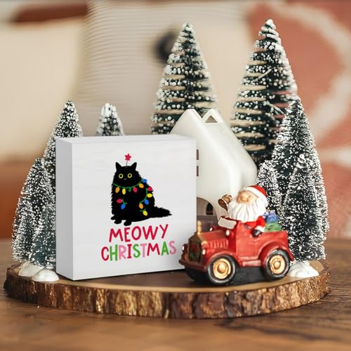 Meowy Christmas Cat Sign - Wheatwin Wooden Box Decor, 5x5 inches, Merry Christmas