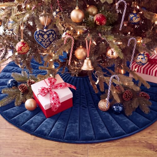 Foilswirl Navy Blue Velvet Quilted Christmas Tree Skirt 60 Inch