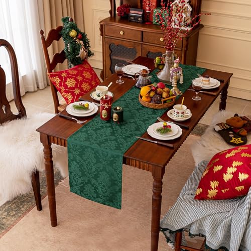 Joyfol Day 14x60 Inch Jacquard Green Damask Table Runner, Waterproof Xmas Holiday