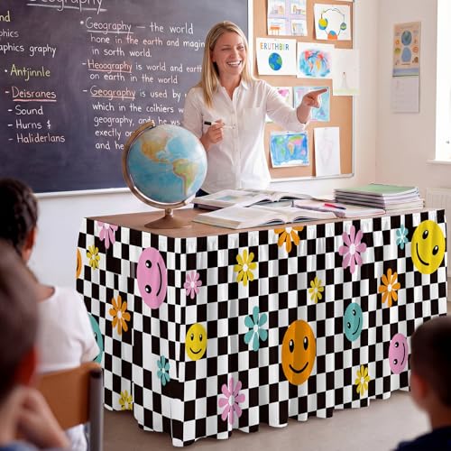 12ft Black and White Checkerboard Desk Skirt with Smile Faces and Flowers