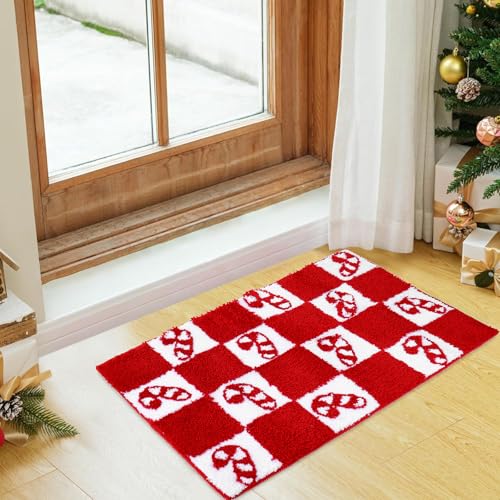 Christmas Rug Bath Mat with Candy Cane Checkered Design, Non-Slip 19.7 x 31.5 Inches