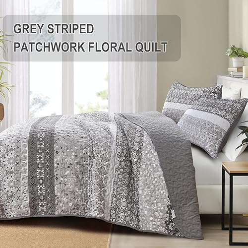 Queen Size Grey Floral Striped Quilt Set - 3 Pieces