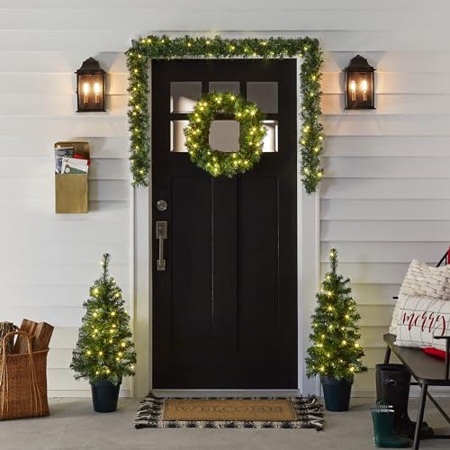 Pre-Lit Artificial Christmas Tree Set with Wreath and Garland - Indoor & Outdoor Holiday Decor