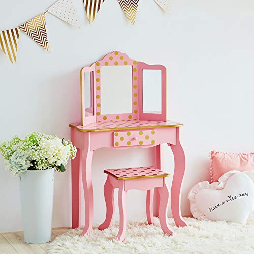 Kids Wooden Vanity Table and Chair Set with Tri-Fold Mirror and Drawer
