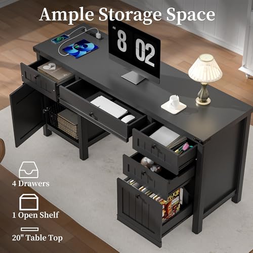 62-Inch Farmhouse L-Shaped Desk with File Cabinet and Power Outlets