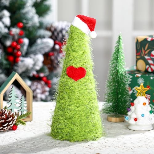Mini Furry Lime Green Christmas Tree with Santa Hat, 9.84" Tabletop Decor