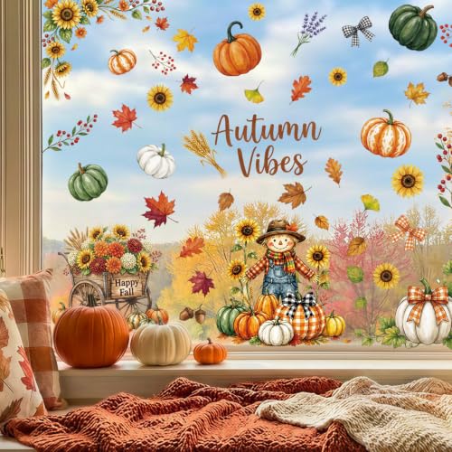 Fall Window Clings - 9 Sheets Pumpkin & Leaf Decals for Home Decor