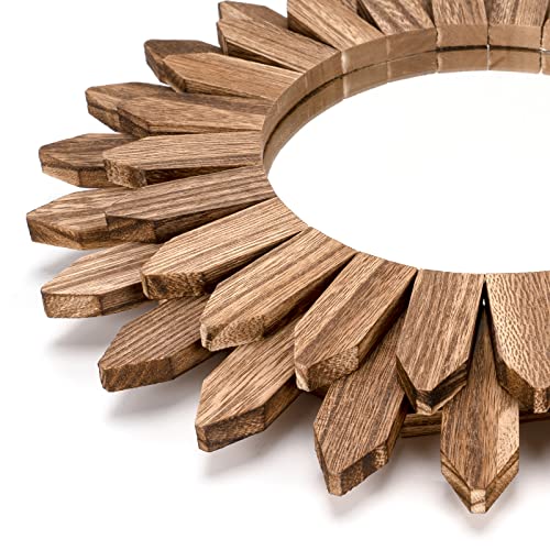 12-Inch Rustic Wood Sunburst Wall Mirror - Decorative Boho Wall Decor